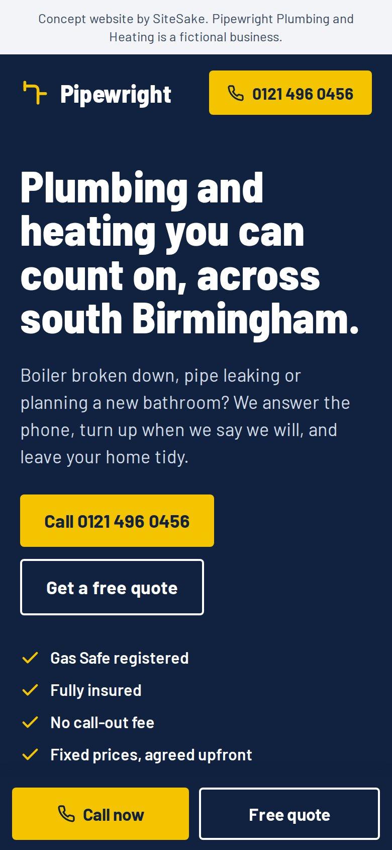 Plumbing company website on a phone, built by SiteSake